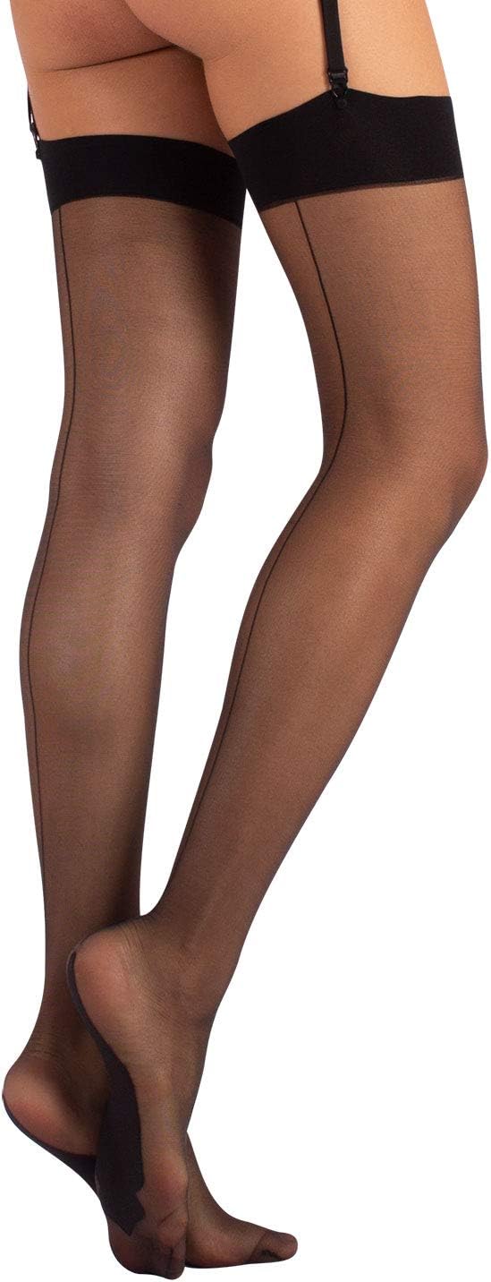 Calzitaly Thigh High Stockings Seamed Suspender Pantyhose 15 Den Black Skin Italian Hosiery 7224